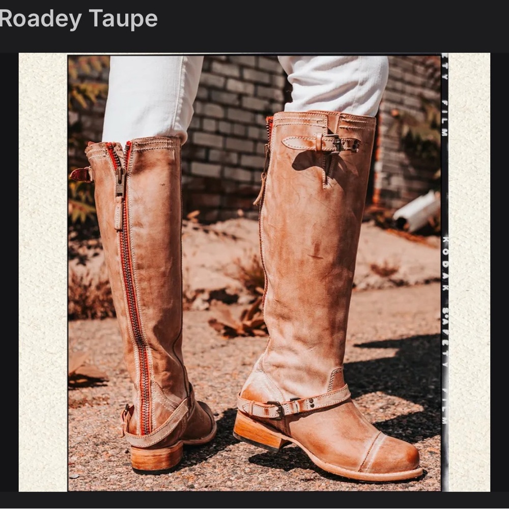 Roadey Taupe Freebird by Steven Leather Knee-High Boots with Red Zipper size 6